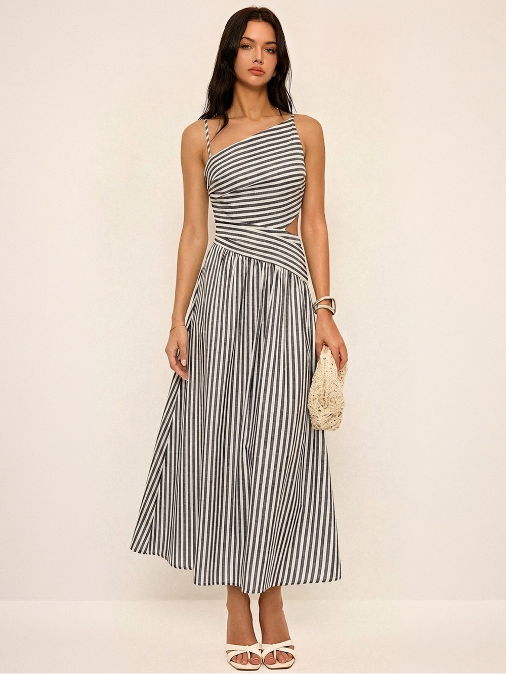 Commense Black & White Striped One-Shoulder Maxi Dress